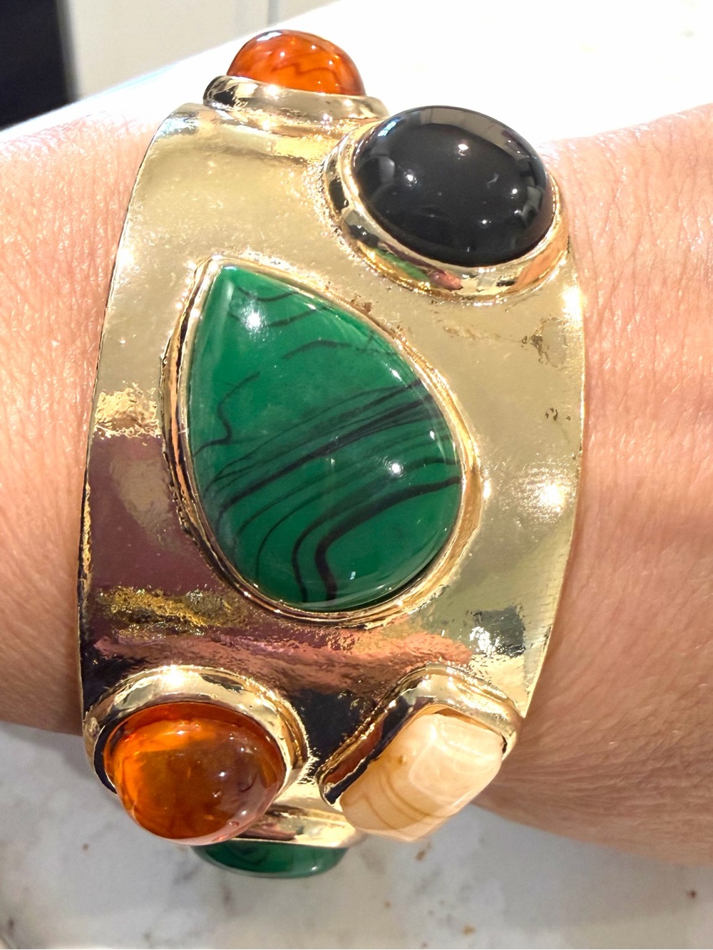 Vtg 97g Gold Runway Cuff Bracelet • Chunky Multi Color Cabochon Statement